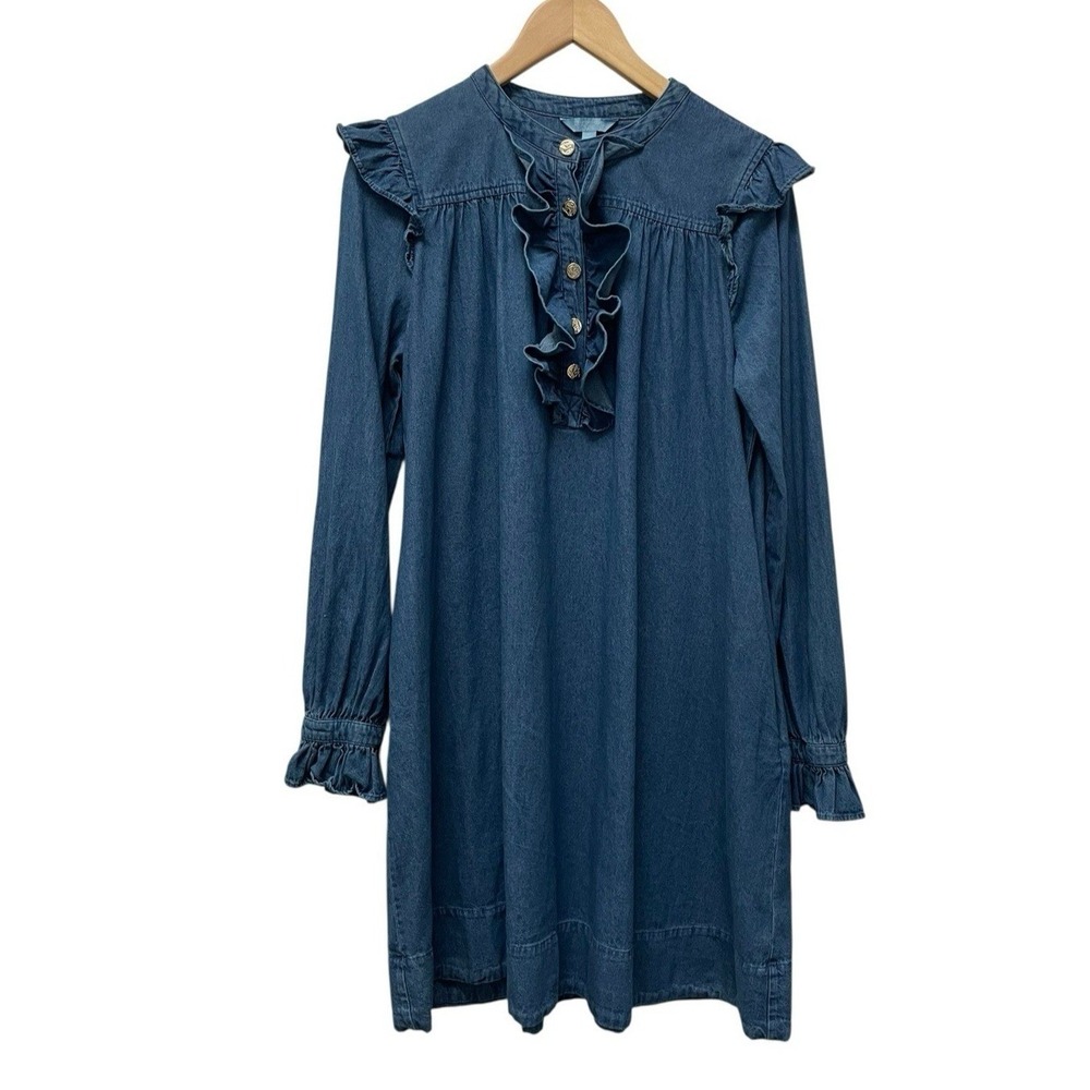 Draper James Ruffle Denim Shift Dress Siize M Blue Cottagecore Rustic Cowgirl - Picture 3 of 10
